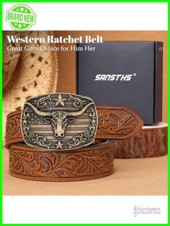 Western Cowboy Ratchet Belt - Leather Embossed Belt with Buckle